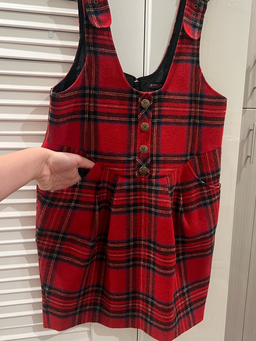 VINTAGE 90s Betsey Johnson Black Label Red Plaid Jumper Dress - Size 4 - Picture 2 of 5